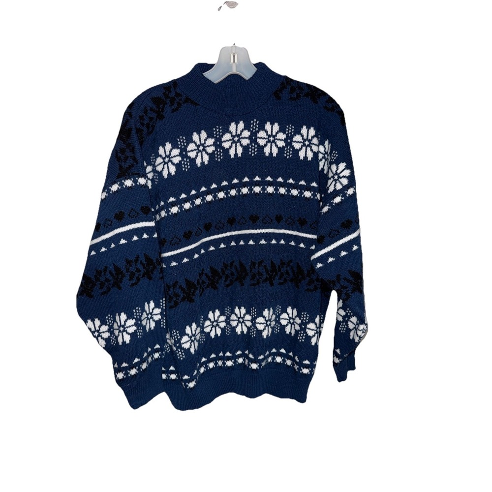 American‎ Pride Snowflake Knit Sweater Blue Winter Mock Neck Large Vintage